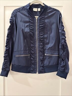 Chico's Zenergy Navy Blue Ruched Ruffle Front Zip Bomber Jacket Size 1/ Medium